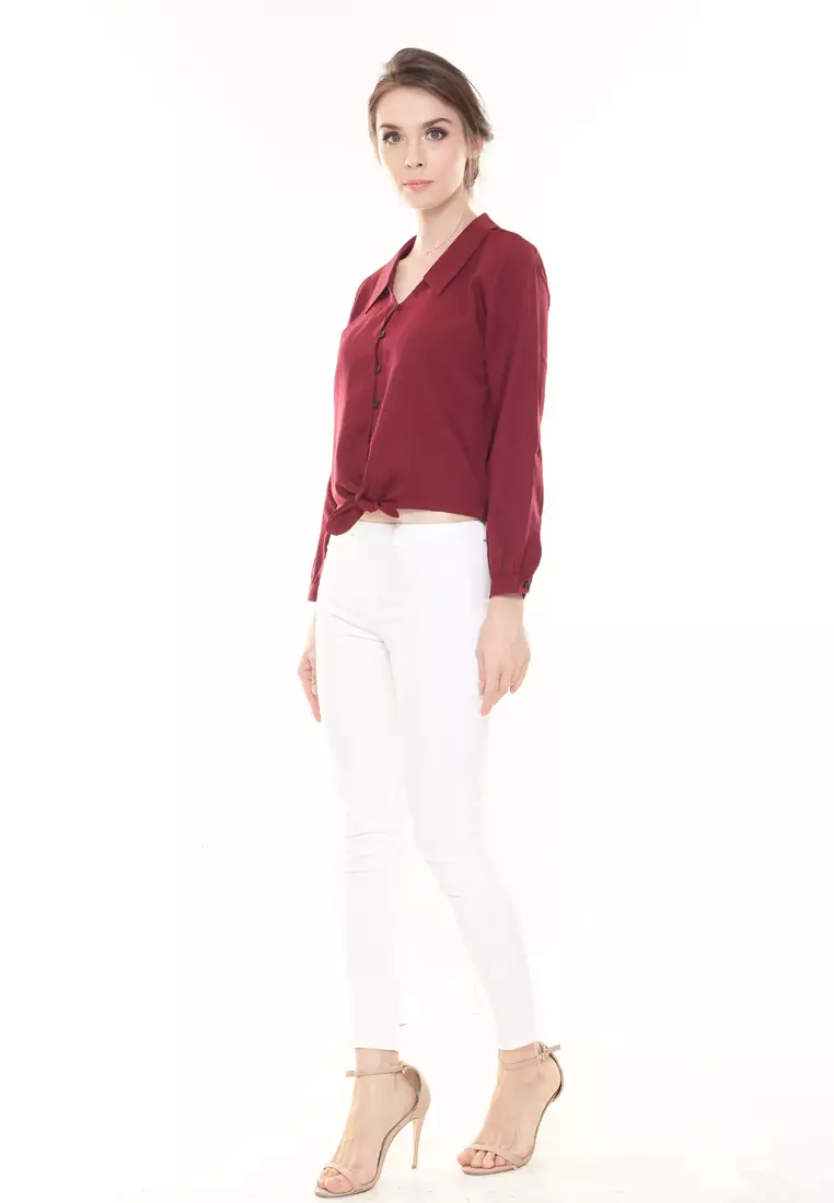 Evelyn Top Button Ribbon Tied up in Maroon