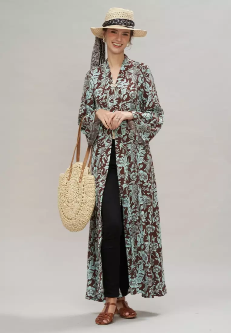 Teal Brown Floral Modern Abaya with Free Flower Brooch