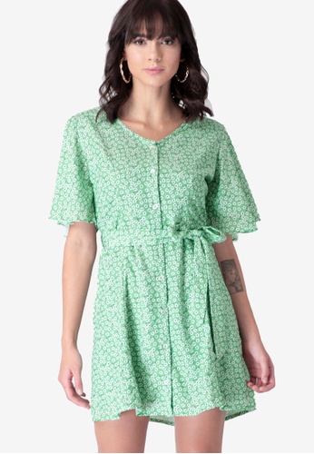 FabAlley green Floral Belted Flared Sleeve Dress B739EAA2206D96GS_1