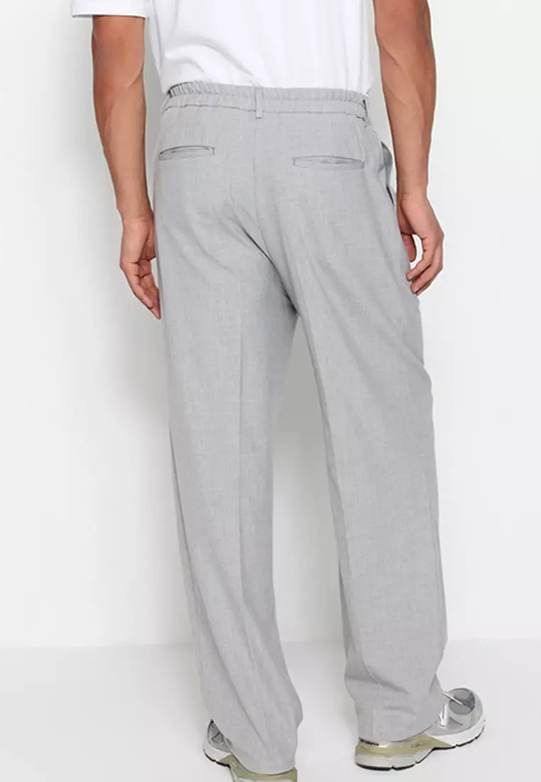 Men's Gray Palazzo Elastic Waist Pleated Pants