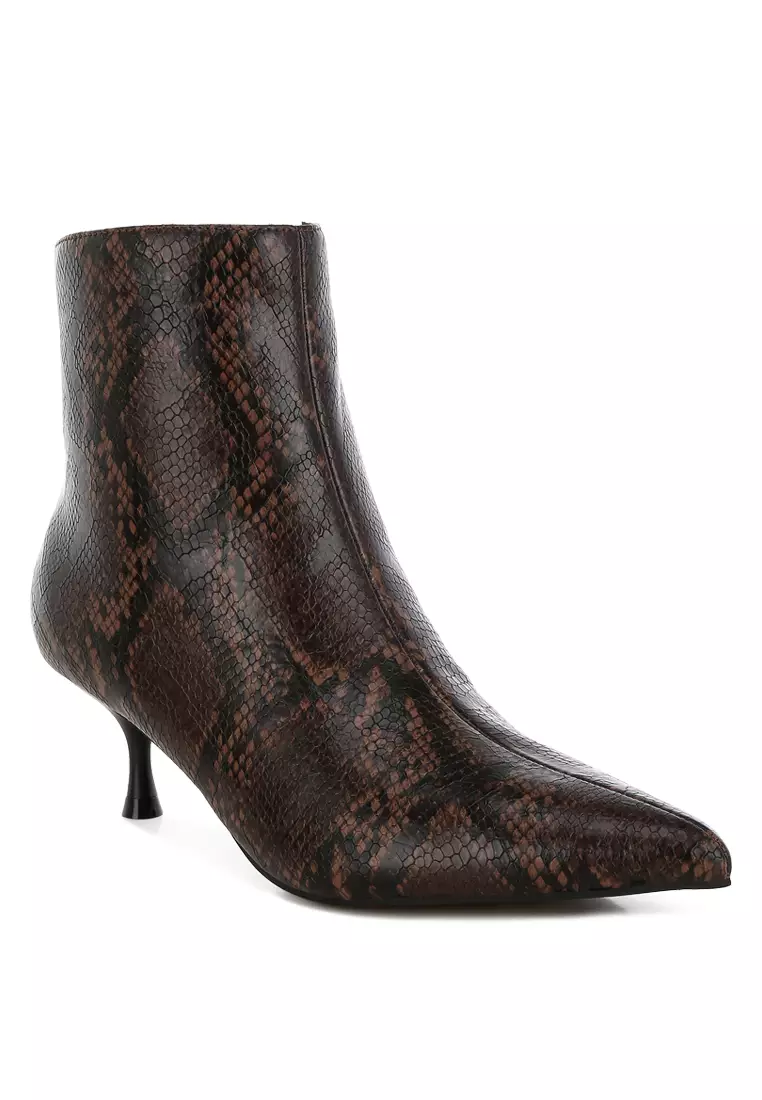 Snake Print Kitten Heel Boots in Chocolate