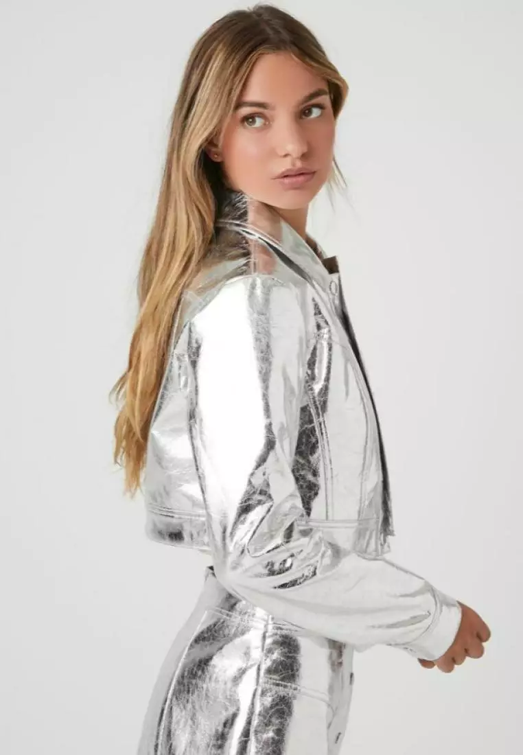 Buy FOREVER 21 Metallic Faux Leather Trucker Jacket 2024 Online