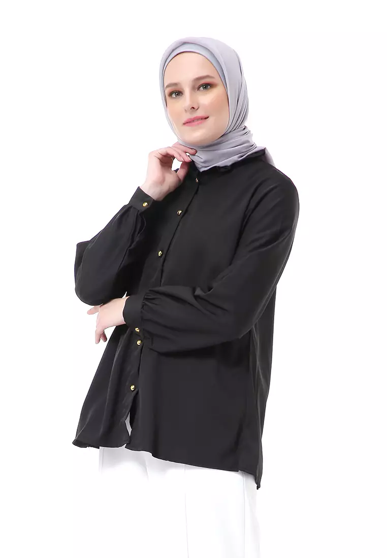 Blouse Muslimah Atasan Wanita Ballon Sleeve Regular Fit - Black