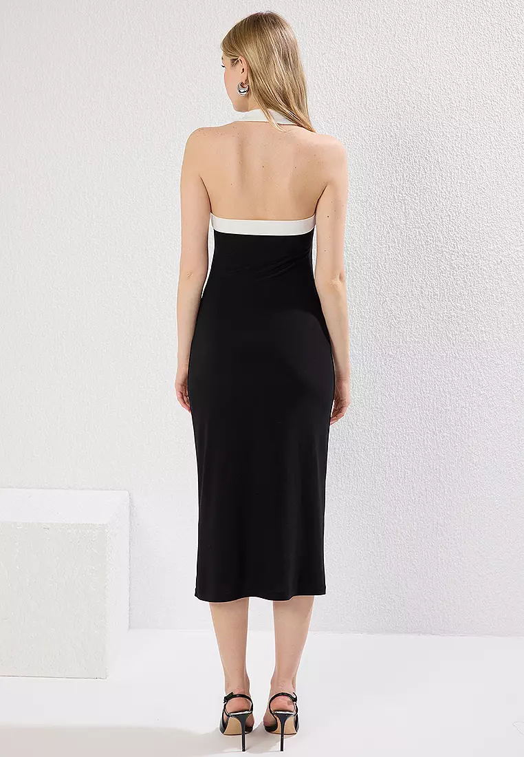 Black Straight Midi Slip On Neck Color Block Pleated Stretchy Knit Dress