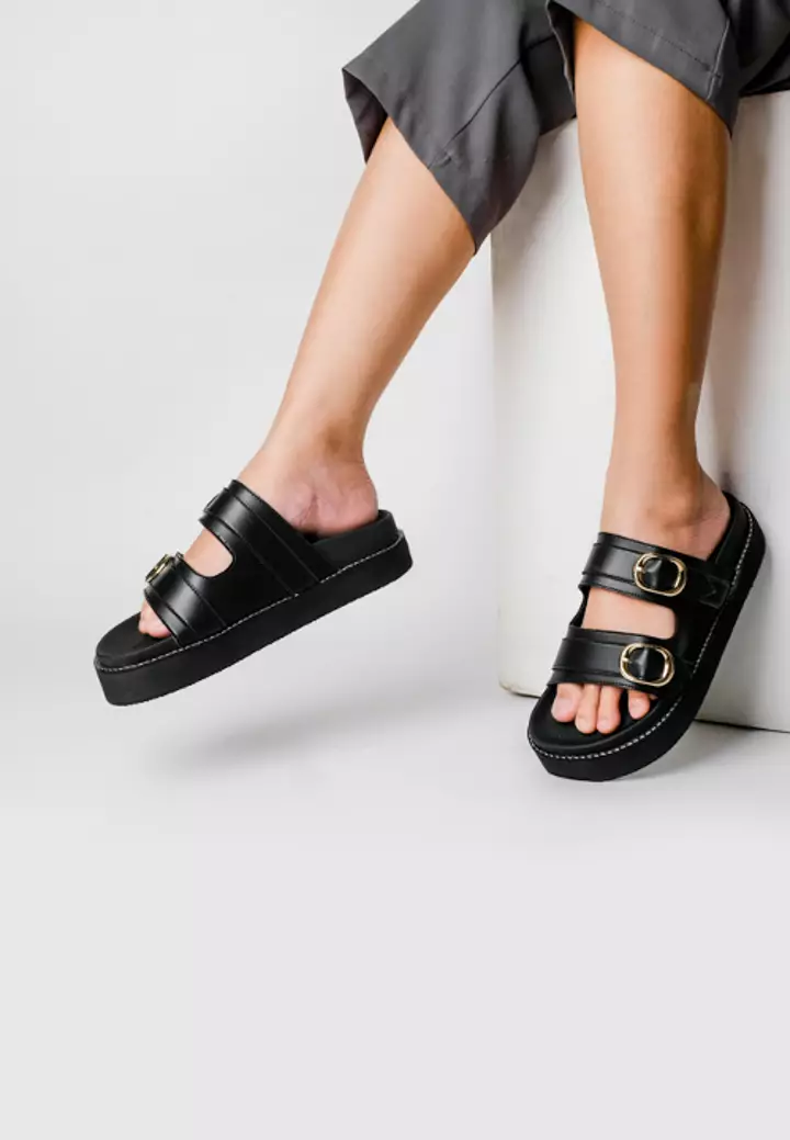 Pamole - Sandal Wanita Kekinian Sendal Cewek Sandal Flat - Elsie Series Hitam