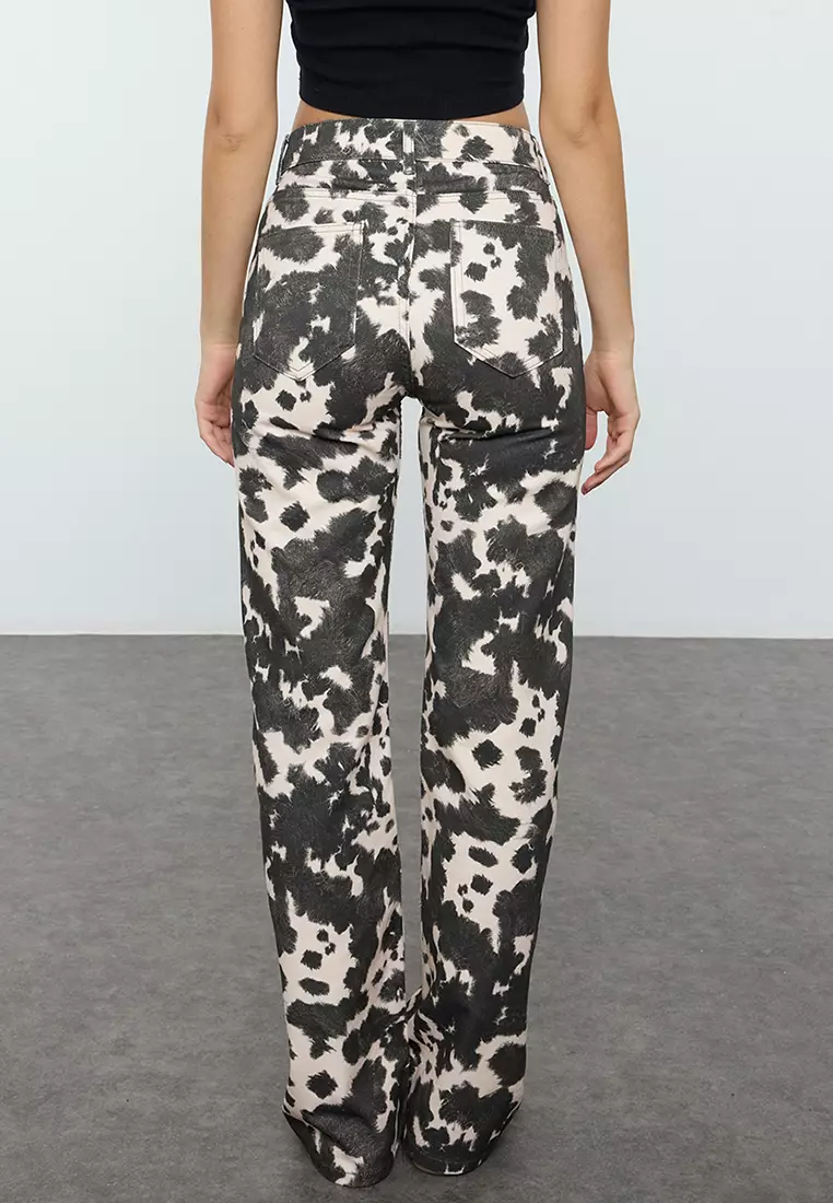 Brown Cow Print Low Waist Wide Leg Jeans