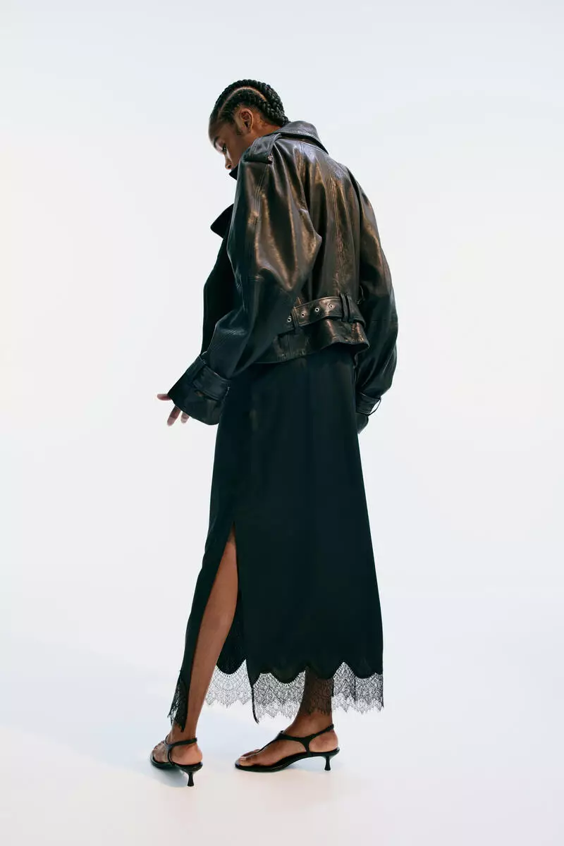 Lace-trimmed satin skirt