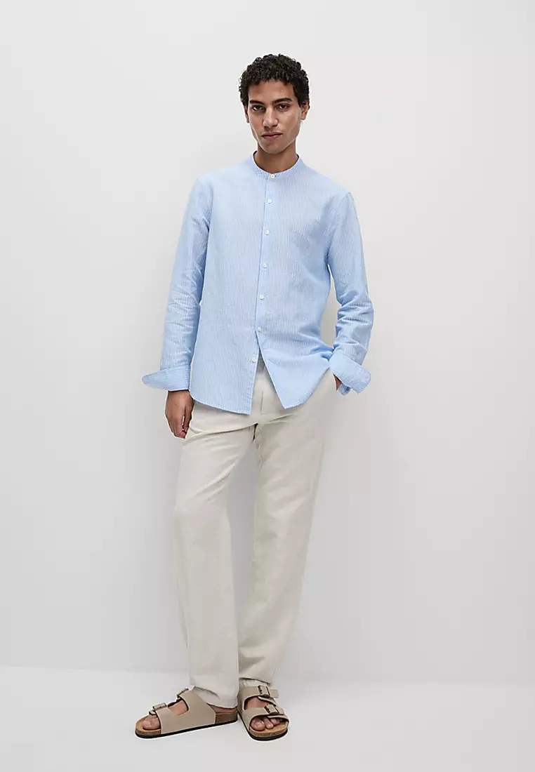 Cotton Linen Blend Striped Grandad Collar Shirt