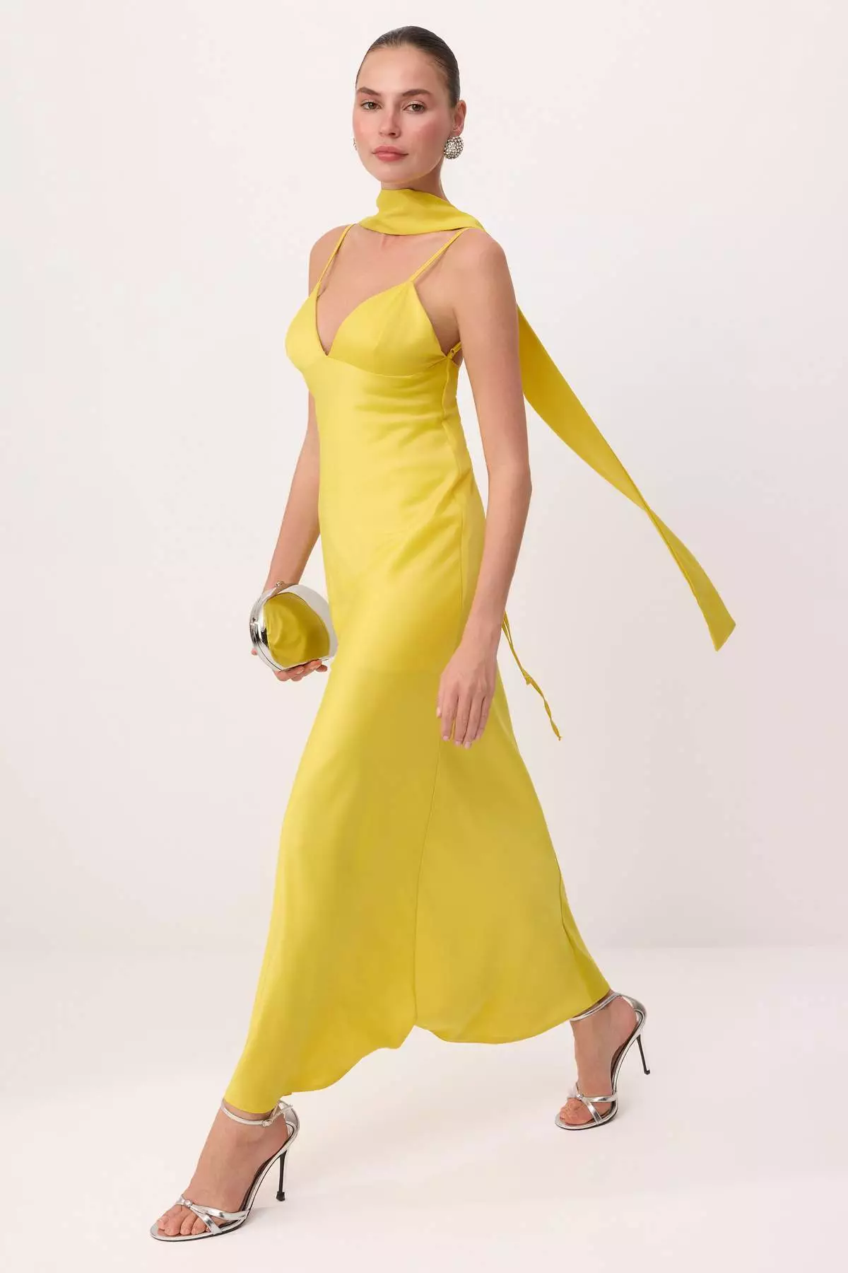 Light Yellow Plain Scarf Woven Satin Maxi Lined Stylish/Evening Dress