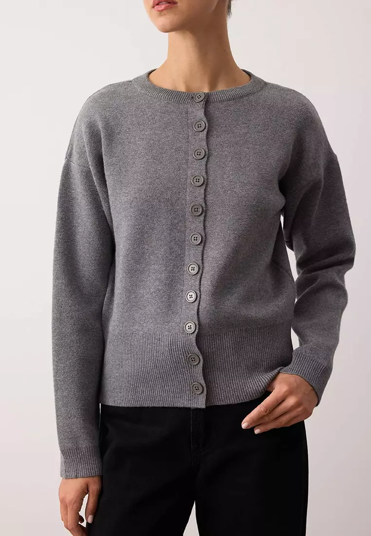 Anthracite 2 Piece Premium Yarn/Special Yarn Crew Neck Basic Knitwear Cardigan Blouse Set