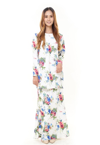 Rina Printed Kurung Colourful Flower from Rina Nichie Couture in White