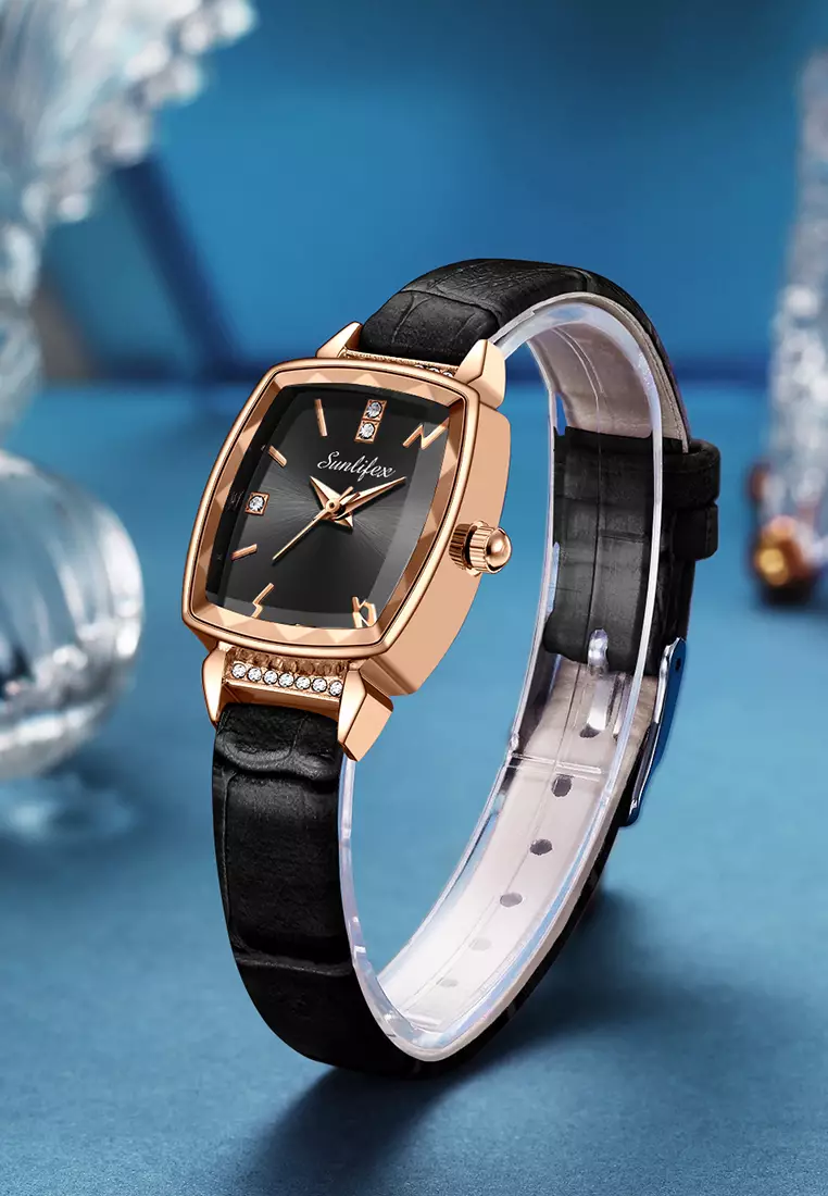 Jam Tangan Wanita 8006 Kuarsa Wanita Tali Kulit Berlian Jam Tangan Cewek Original black