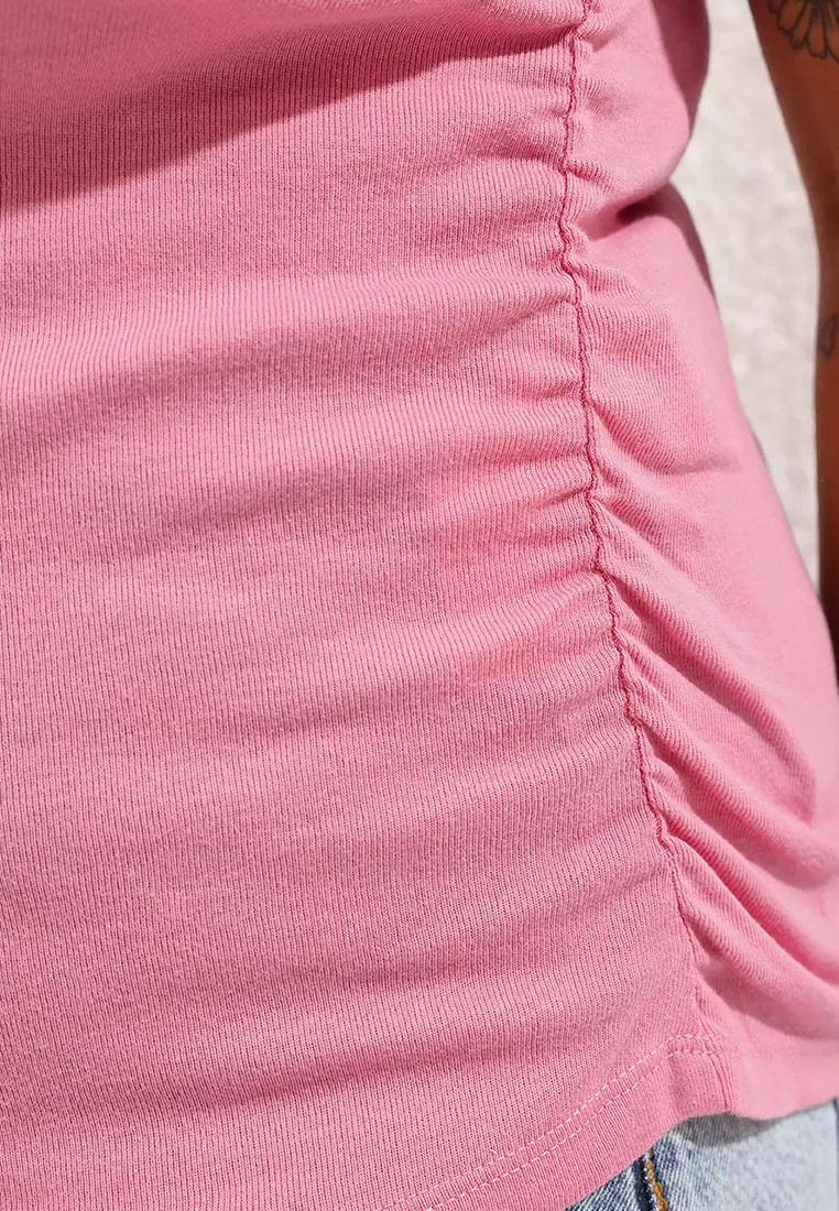 Pink Soft Fabric Asymmetrical Collar 100% Cotton Knitted Plus Size Blouse Tbbss25Af00002