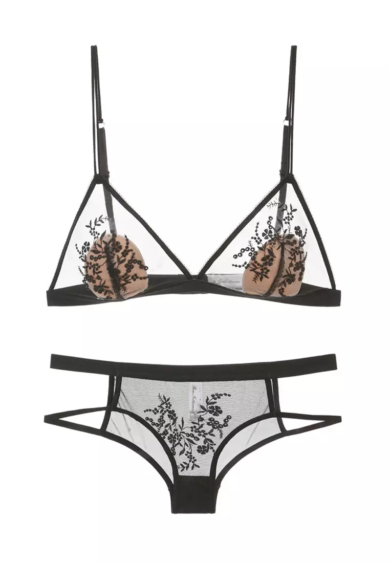 2025 S/S European and American ultra-thin triangle cup no steel ring sexy mesh embroidery lace bra set CA23050458BK