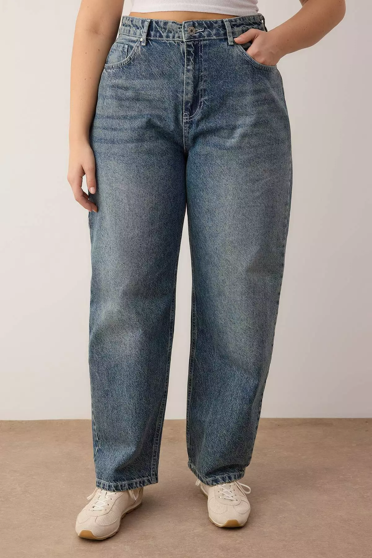 Blue High Waist Barrel Baggy 100% Cotton Non-Stretch Plus Size Jeans Tbbaw26Cj00043