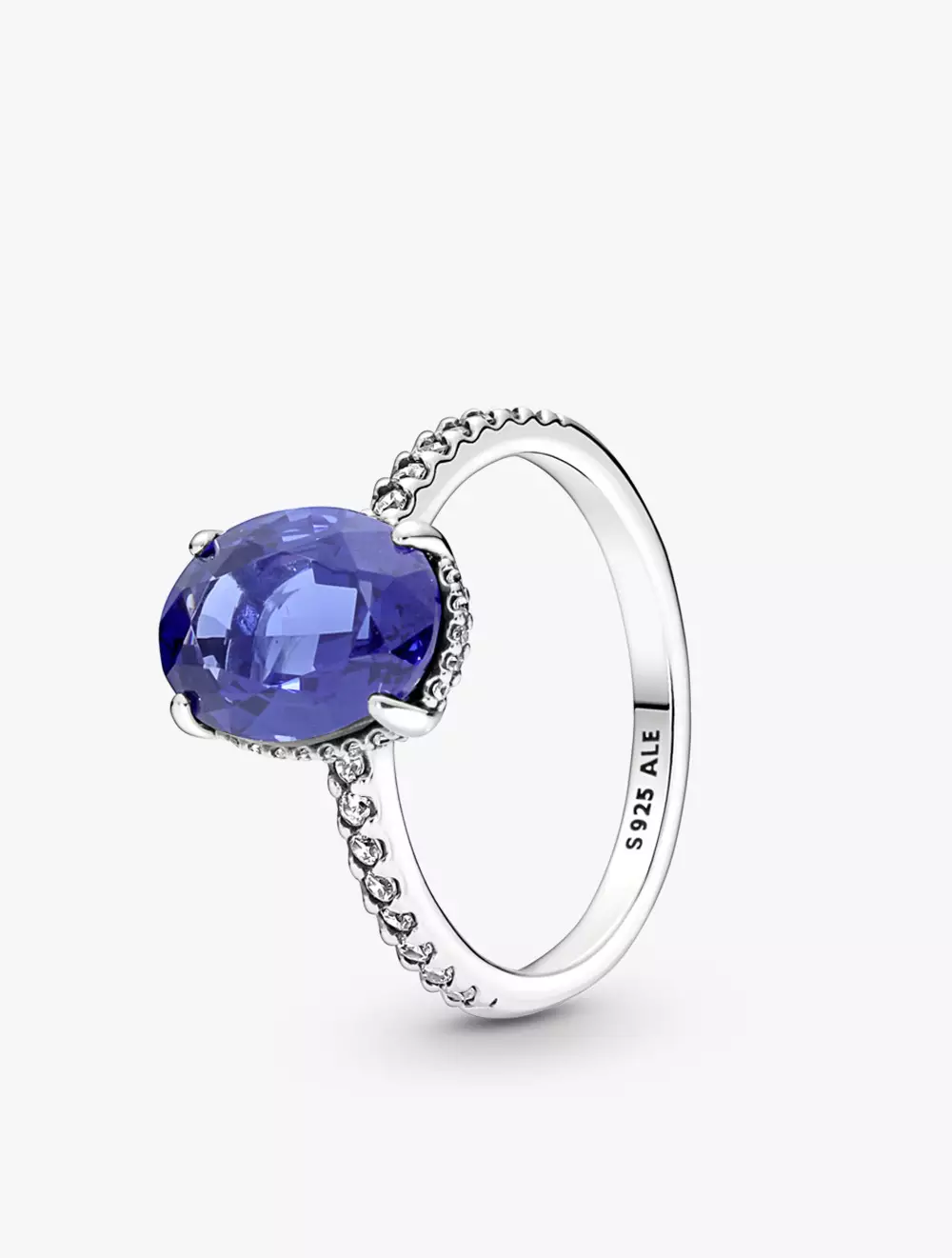 Sterling silver ring with princess blue crystal and clear cubic zirconia