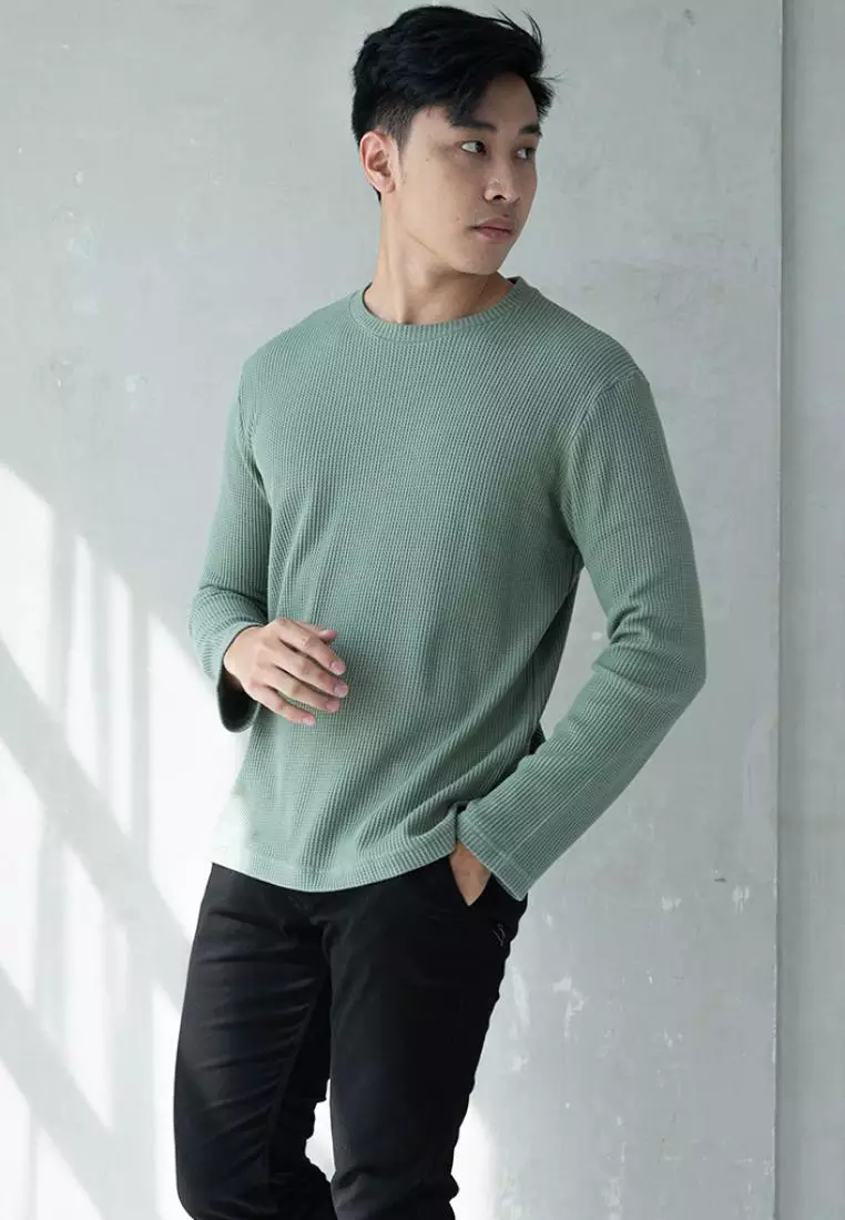 Kale Raffle Green Atasan Kaos Unisex Atasan Kaos Pria Atasan Hijau Kaos Kaos Polos Tekstur Lengan Panjang