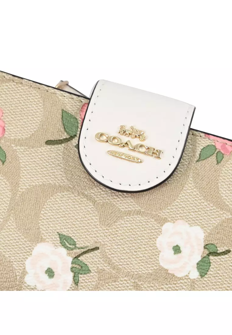 Medium Corner Zip Wallet In Signature Canvas With Floral Print - Light Brown