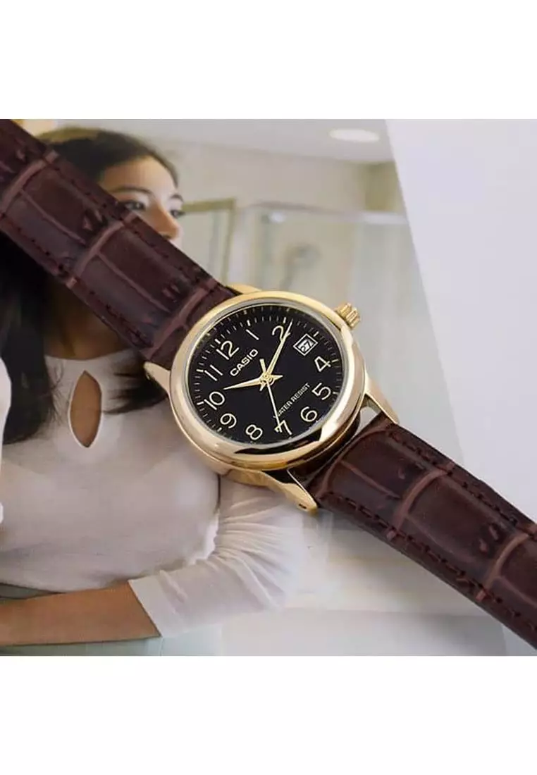 Couple Analog Watch MTP-LTP-V002GL-1B with Brown Leather Band