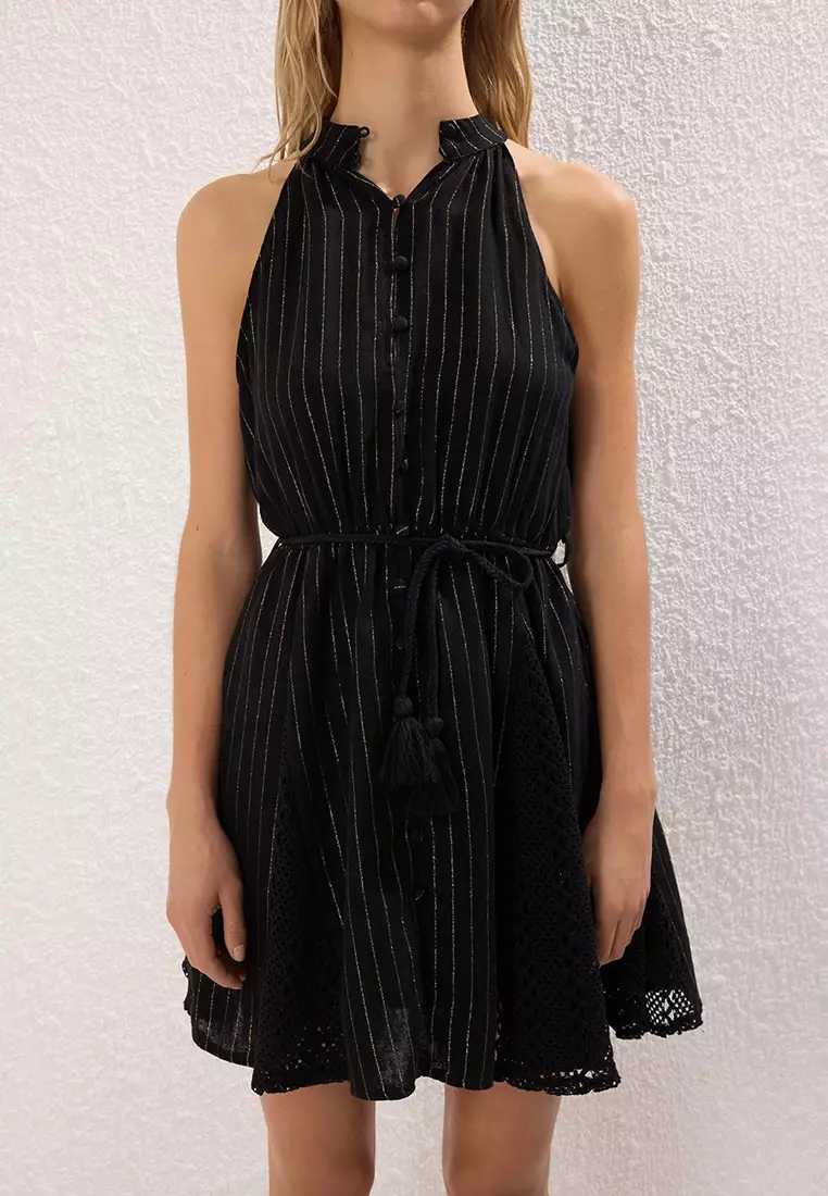 Black Glitter Muslin Woven Mini Beach Dress Tbess25El00128