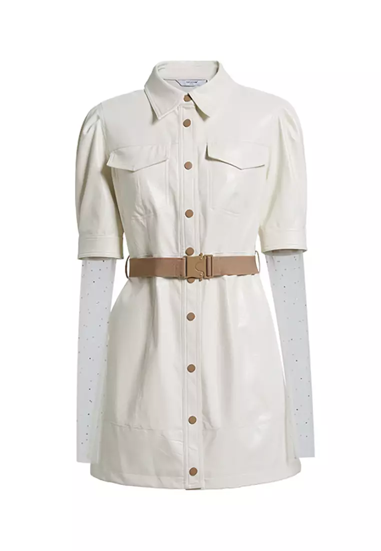 Layered Long Sleeve Shirt Dress with Belt