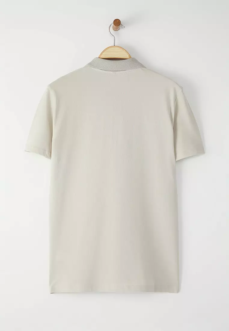 Stone Regular/Normal Cut Zippered 100% Cotton Polo Neck T-Shirt