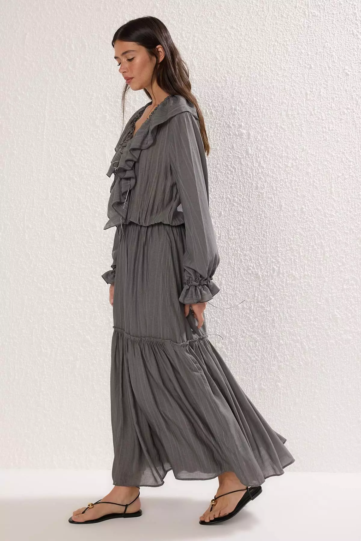 Anthracite Waist Elasticated Ruffled Maxi Dress
