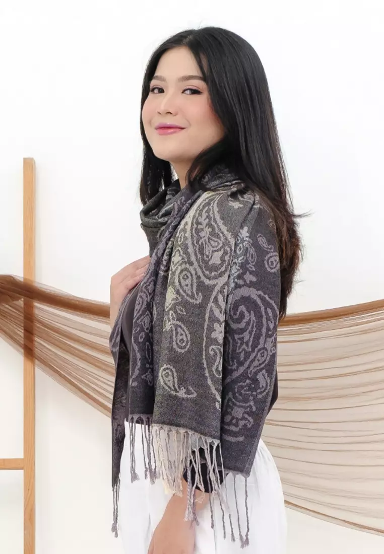 Aksesoris Wanita Reversible Viscose Gradient Paisley Pattern Pashmina Shawl Syal Gradasi Wanita Graphite Black