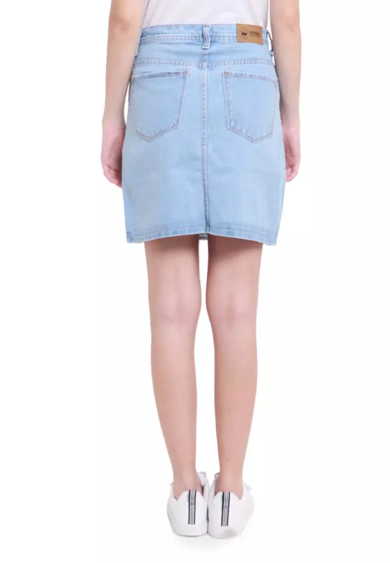 Katty Skirt Mini Jeans Motif Plain Bawahan Wanita Regular Fit - Light Blue