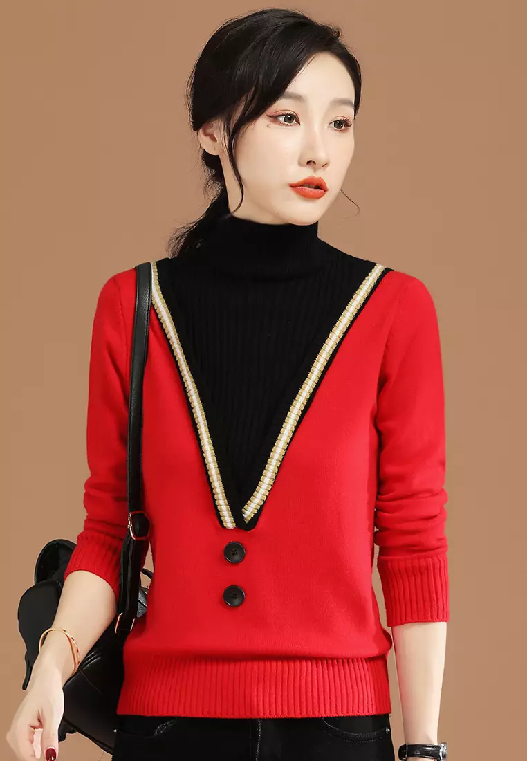 Buy A IN GIRLS Fashion Color Blocking Turtleneck Sweater 2024