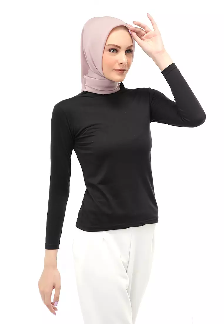 Sabrina Manset Kaos Muslimah Atasan Wanita Long Sleeve Polos Relaxed Fit - Hitam