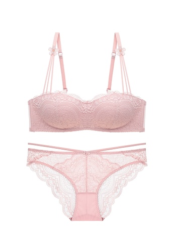 ZITIQUE pink Women's European Style Wireless Half-cup Thin Cup Lace Lingerie Set (Bra And Underwear) - Pink 33F52US0B5B749GS_1