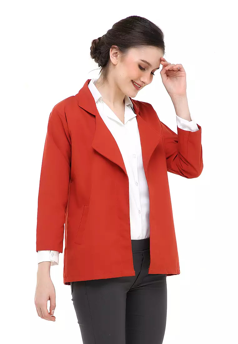 Qemsya Jas Blazer Wanita Long Outer Casual Suit Material Baby Canvas ORIGINAL - Coral