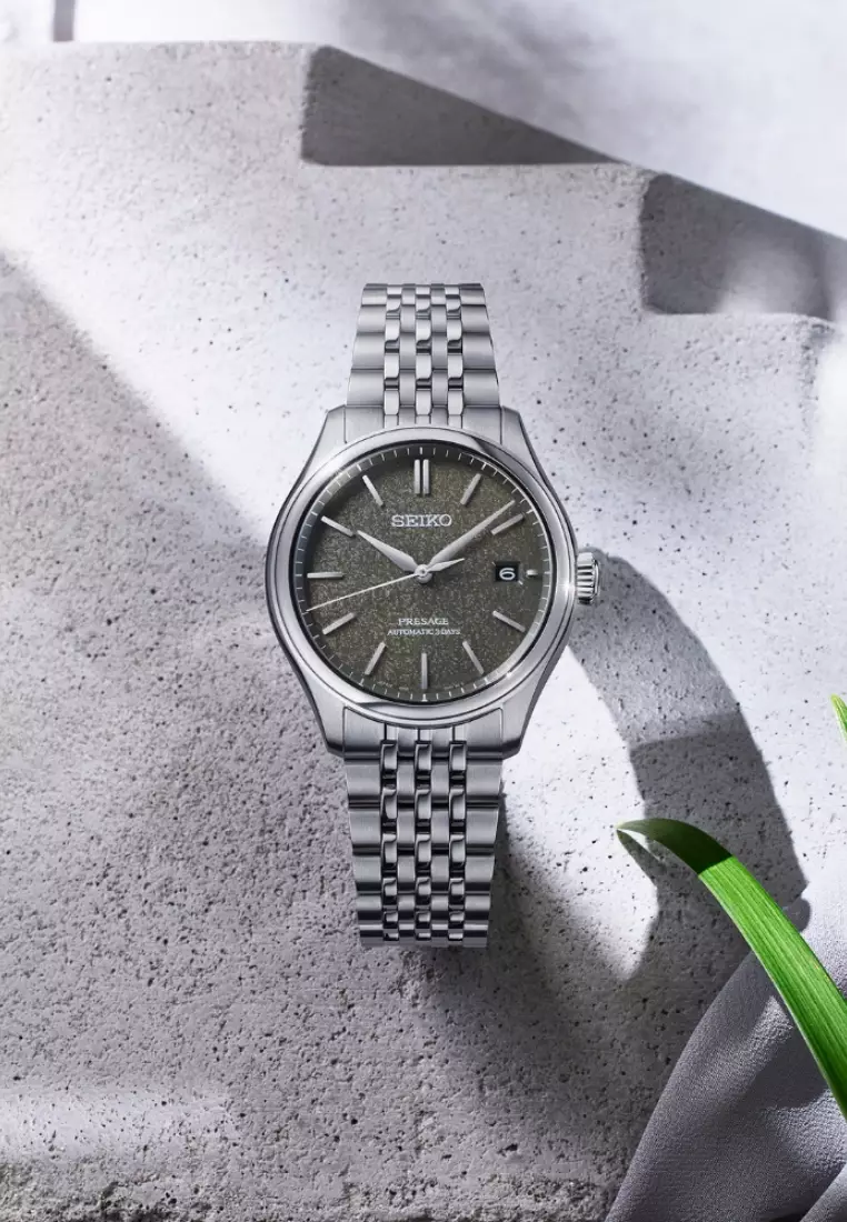Seiko Presage Classic Series Date Display ‘Sensaicha’ Grey Green Dial Stainless Steel Band Automatic Watch SPB465J1