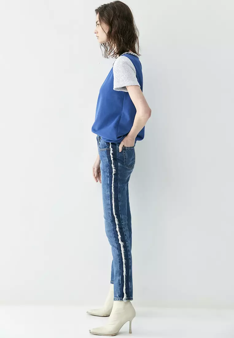 Blue Jeans Jeans With Fringe On Side Buy IROO Slim Fit Jeans With