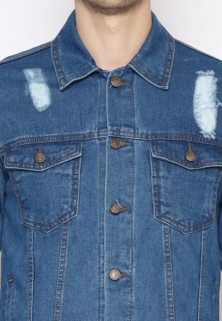 Jaket Ripped Denim Pria Topaz Mid Blue 192103N