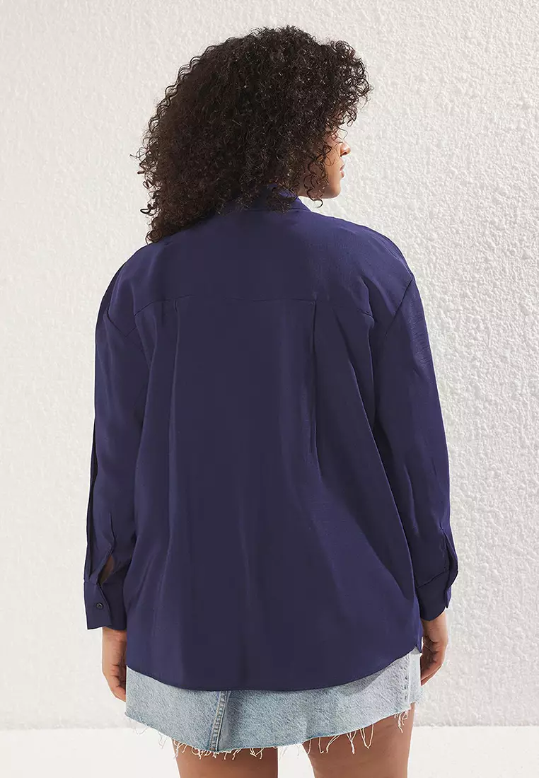 Navy Blue Tencel Soft Touch Woven Plus Size Shirt TBBSS25AX00004