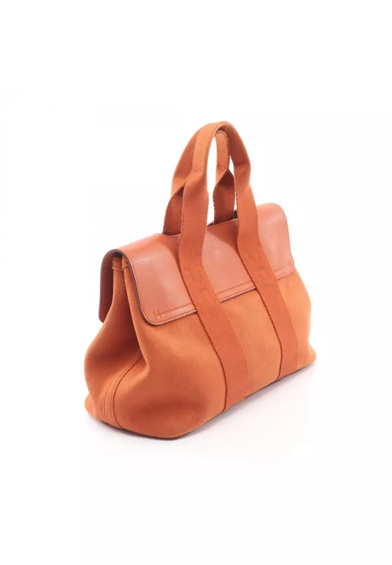 Pre-Loved Hermès Valparaiso PM Handbag toile chevron leather light brown silver hardware
