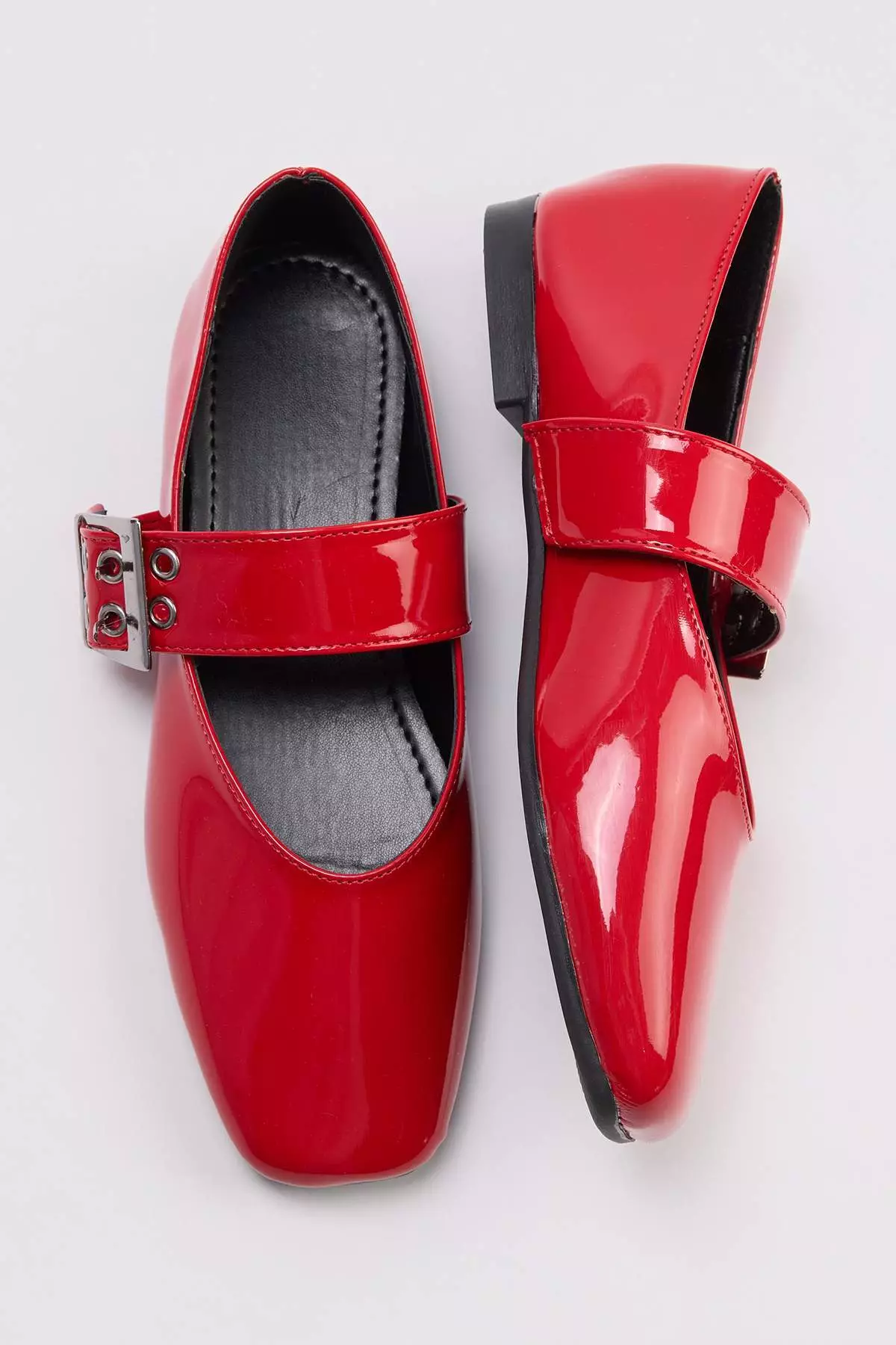 Red Buckle Detail Mary Janes Square Toe Women'S Ballet Flats Takss26Be00001
