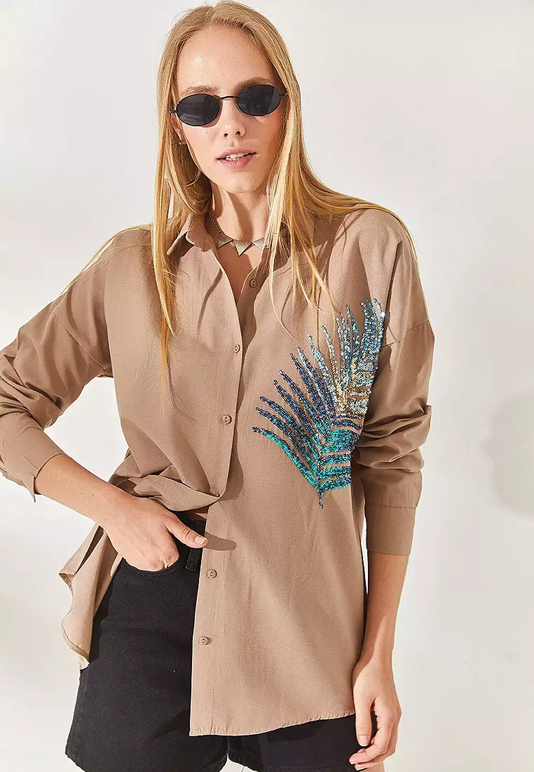 Sequin Oversize Poplin Shirt