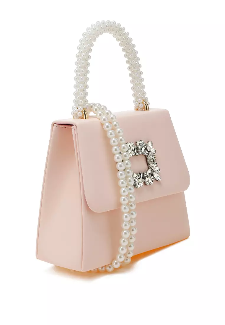 Tas Bros Berlian Imitasi dengan Pegangan Atas Mutiara Warna Pink