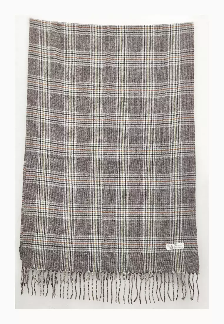 Checkered Cashmere Shawl Mustard Syal Wanita Taupe Brown