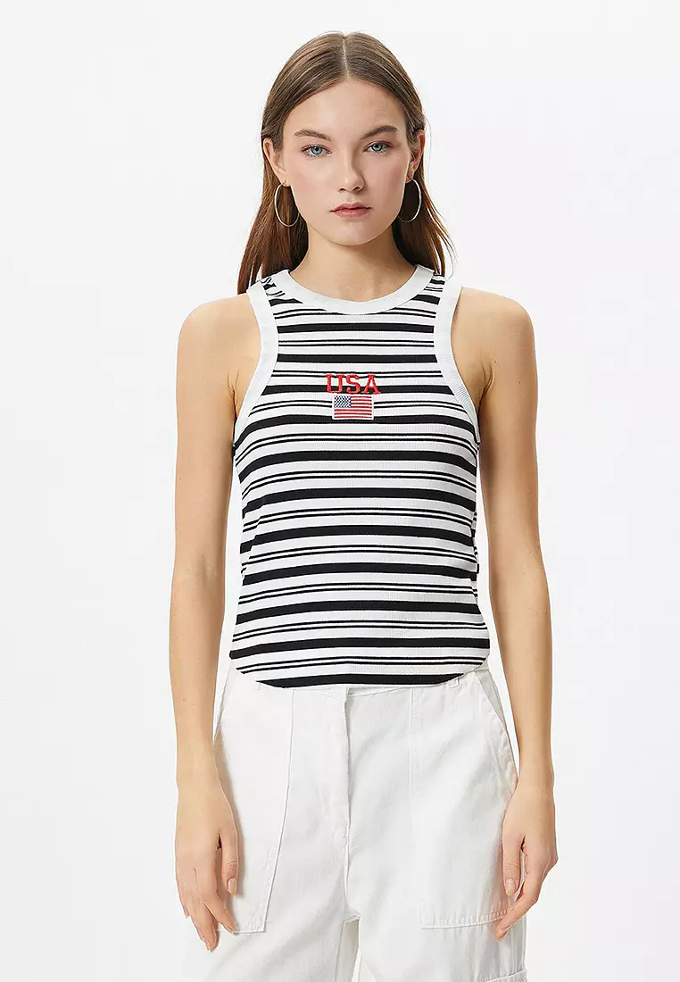 Koton Girls Crop Tank Top Sleeveless Ribbed Crew Neck Stitch Detail