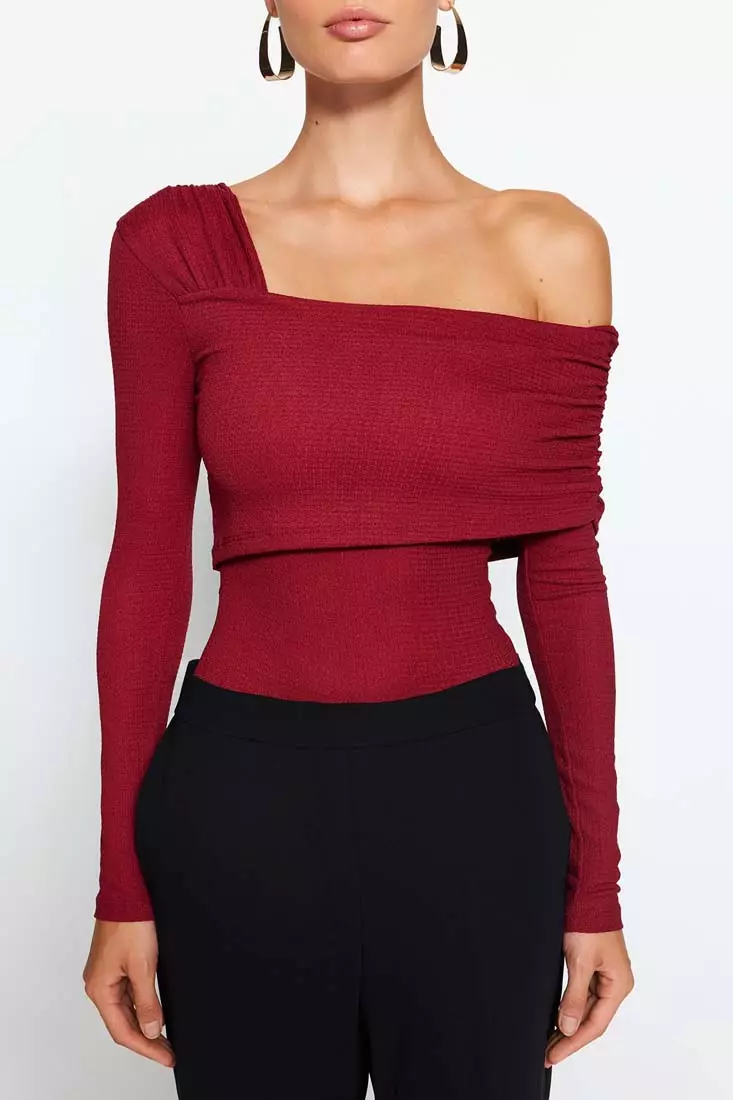 Asymmetrical Collar Detail Knitted Bodysuit