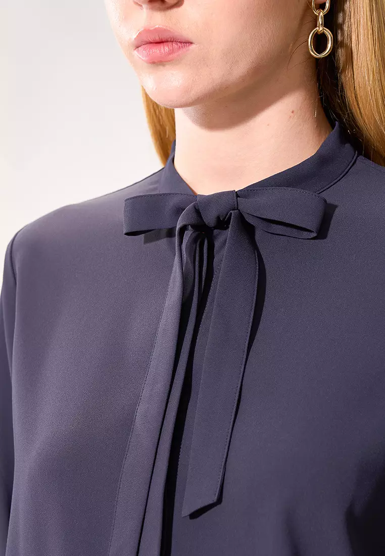 Dark Grey Stand Collar Tie Long Sleeve Top