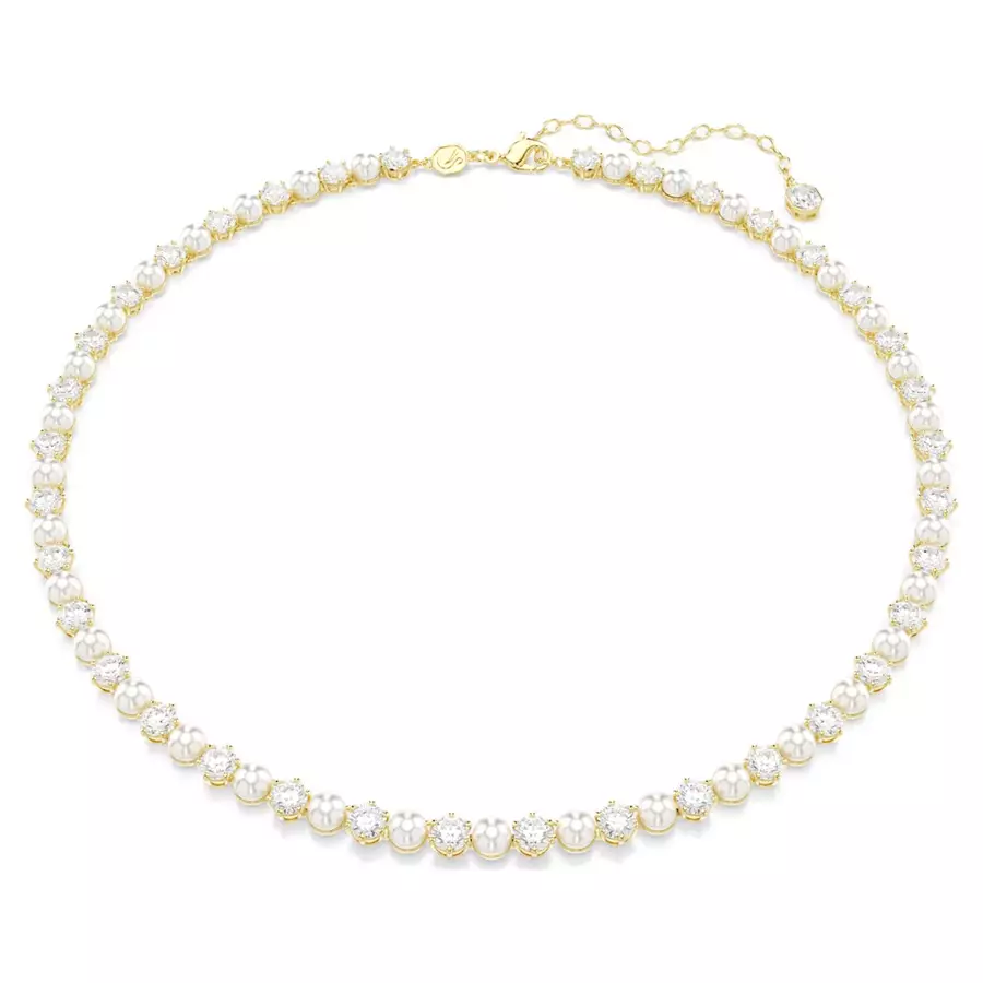 Matrix Tennis necklace, Crystal pearl, Round cut, White, Gold-tone plated