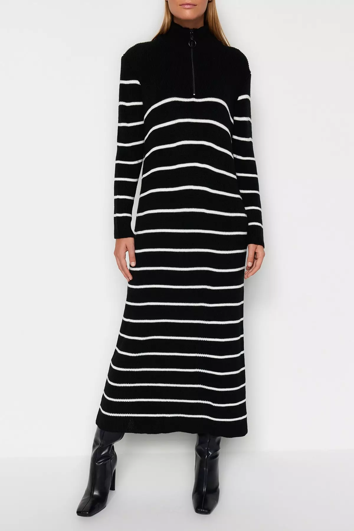 Striped Sweater Dress with Zipper Detail