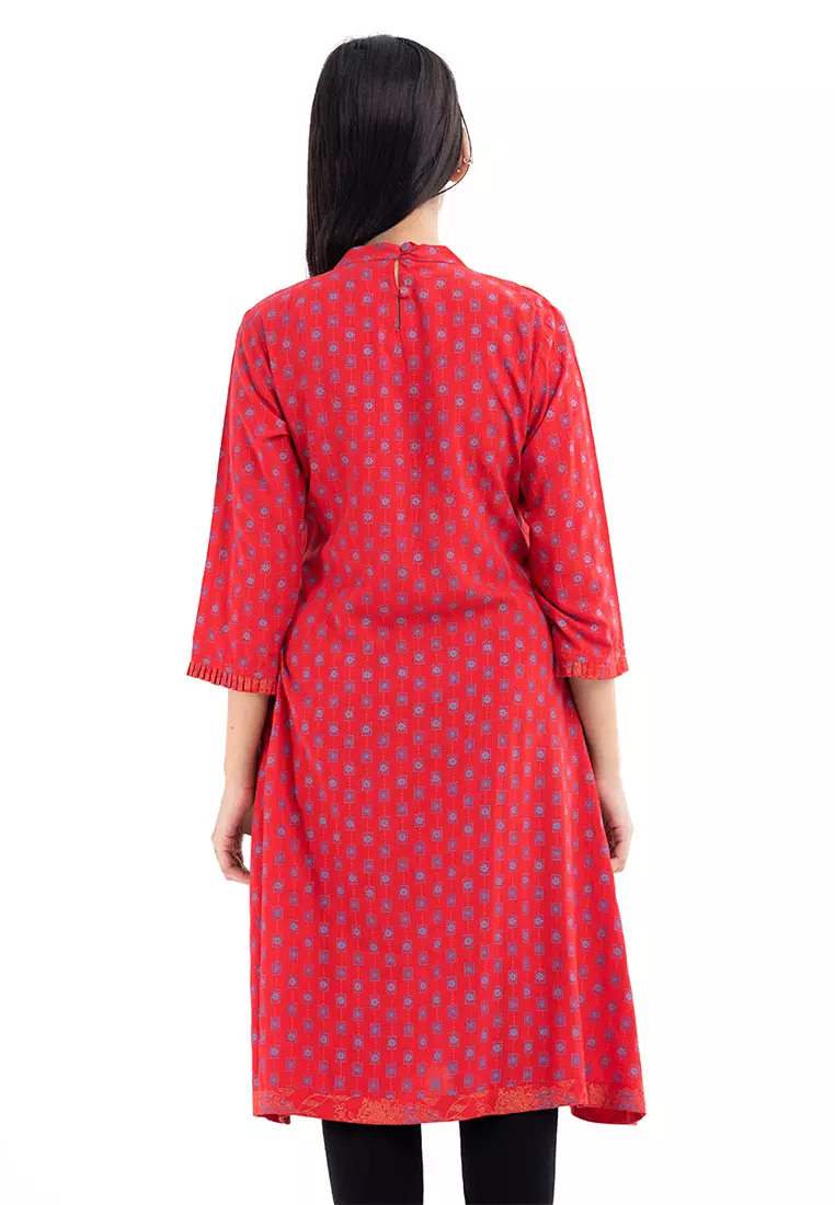 Le Reve Red Printed & Embellished Viscose Tunic
