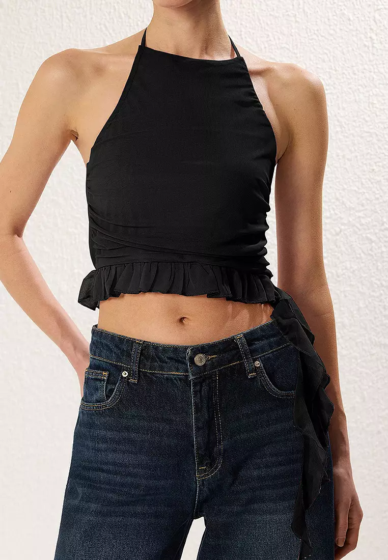 Black Halter Neck With Ruffle Detail Stretchy Knitted Blouse