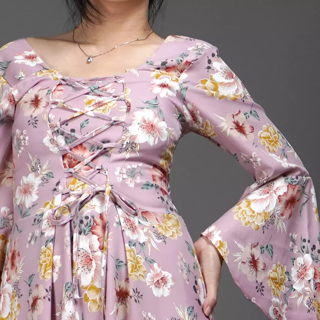  CLOVERIA Long Dress Motif Bunga Gaya Korea Dress Wanita Korean Style - Pink